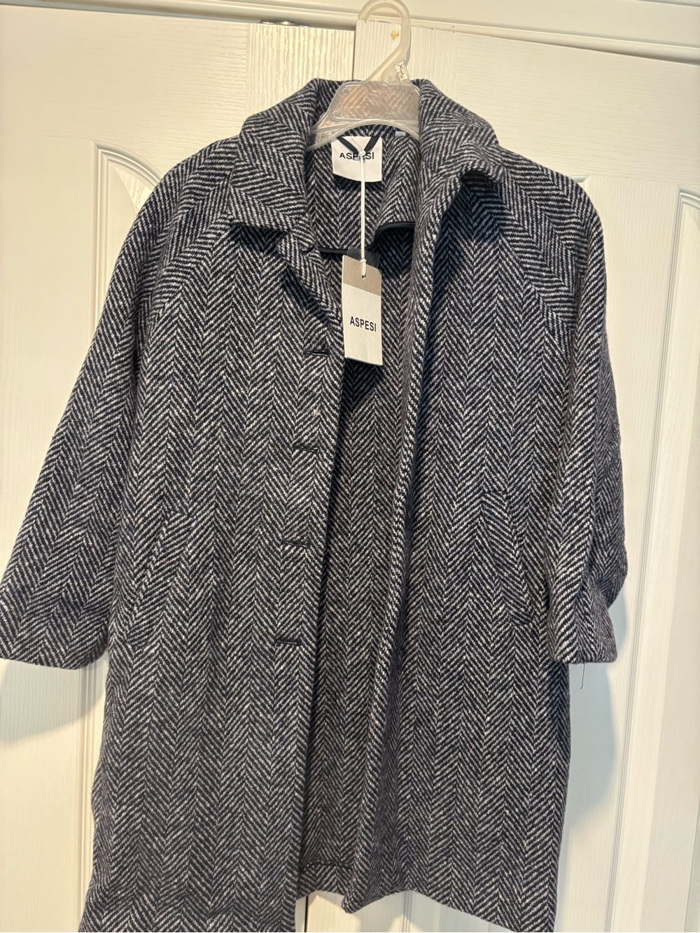 Aspesi Black and White Herringbone Trench Coat